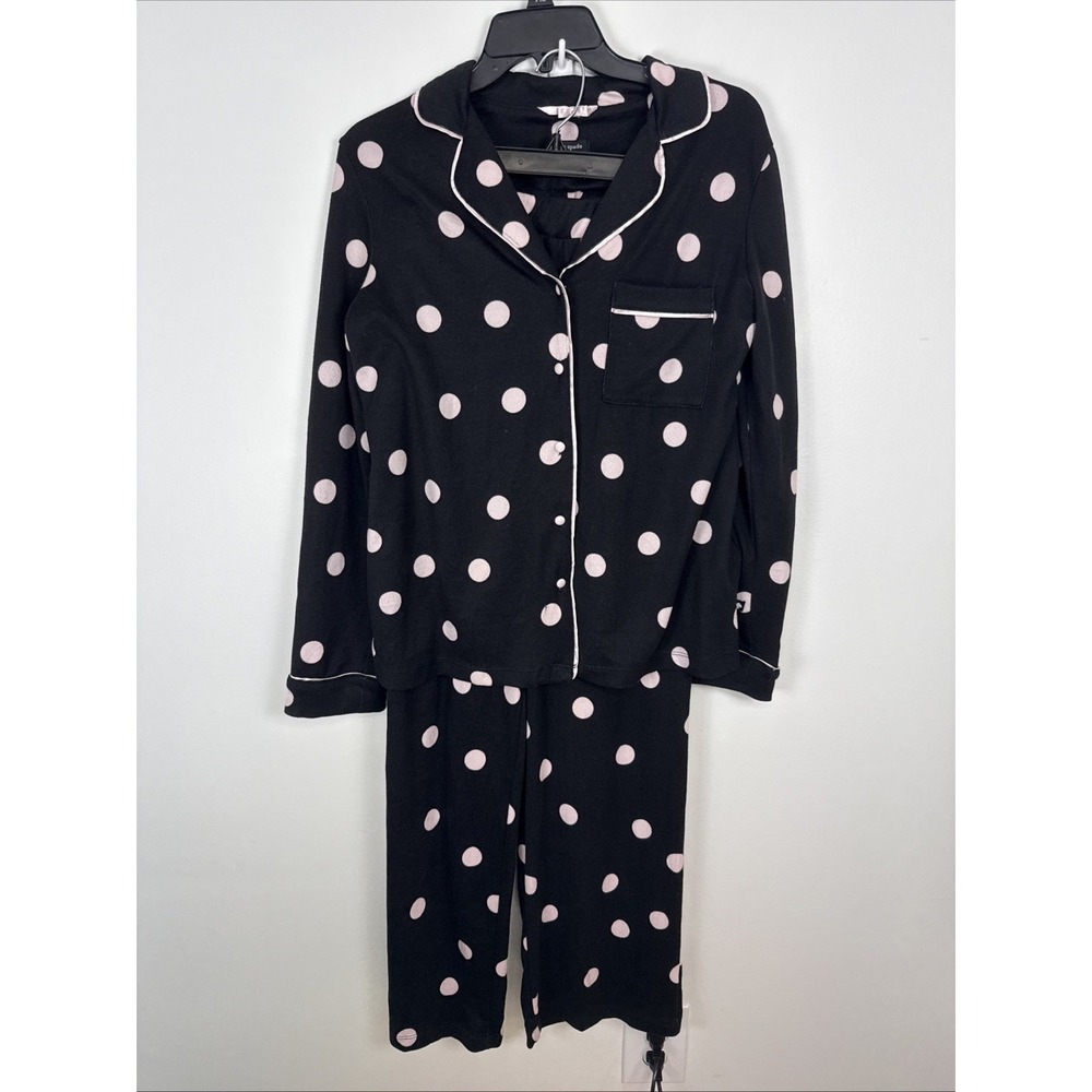 Kate Spade New York Women's Size L Black Notched Polka Dotted 2-piece Pajama Set